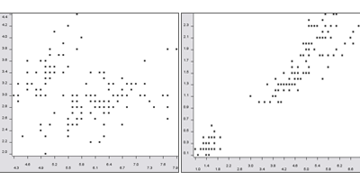 2 scatter plots of both sepal and both petal columns
